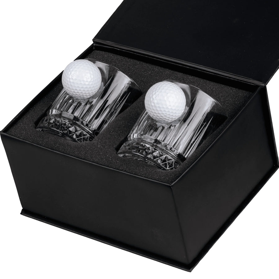 Real Golf Ball Old Fashioned Glass Set 355ml – front view on white background