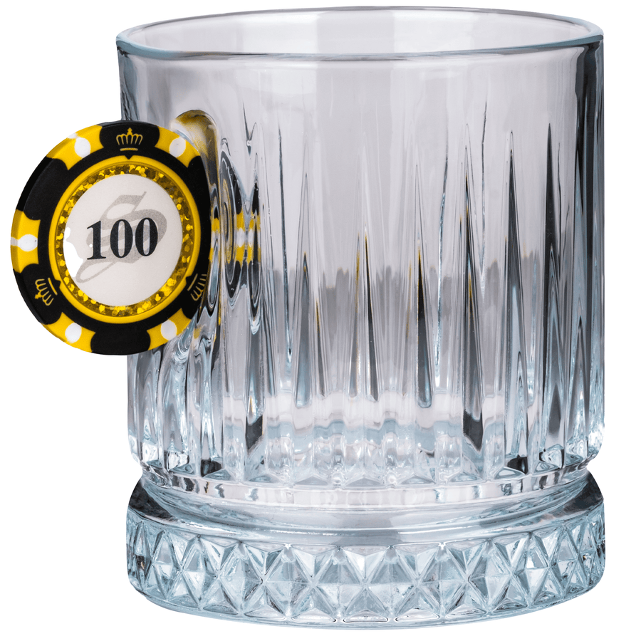 Poker Chip Crystal Whisky Glass 355ml – angled view with the poker chip