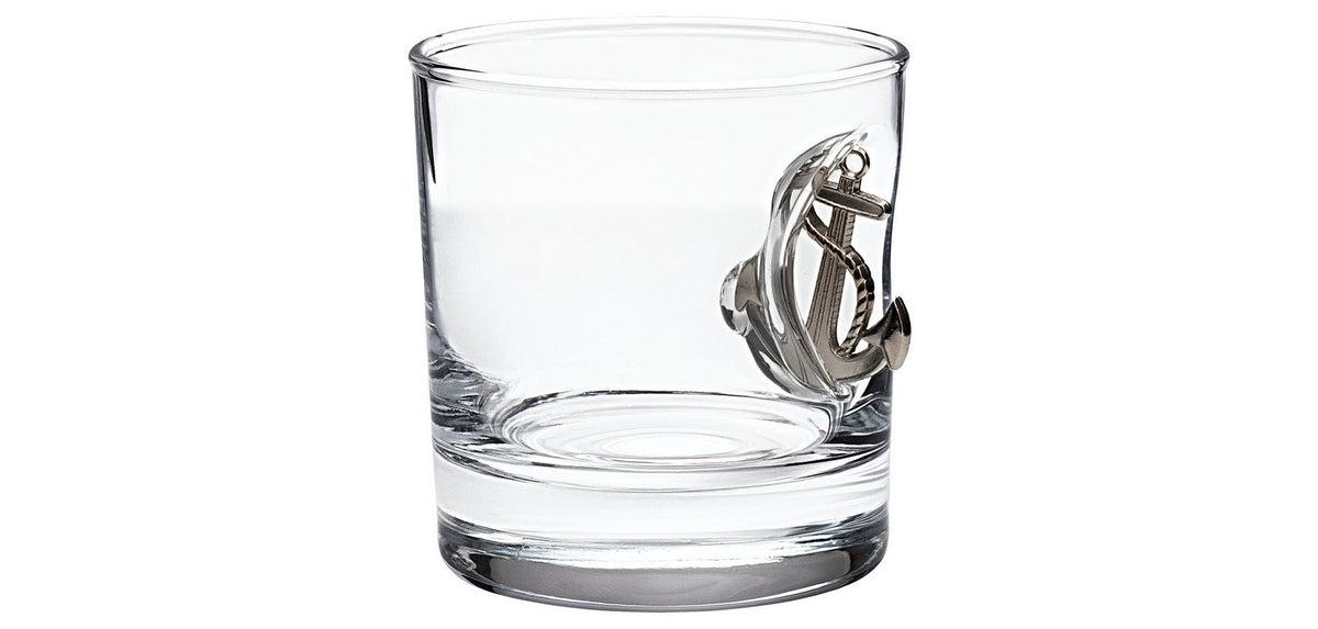 Bellore whisky glass with a metal anchor figure set into the glass, 300 ml