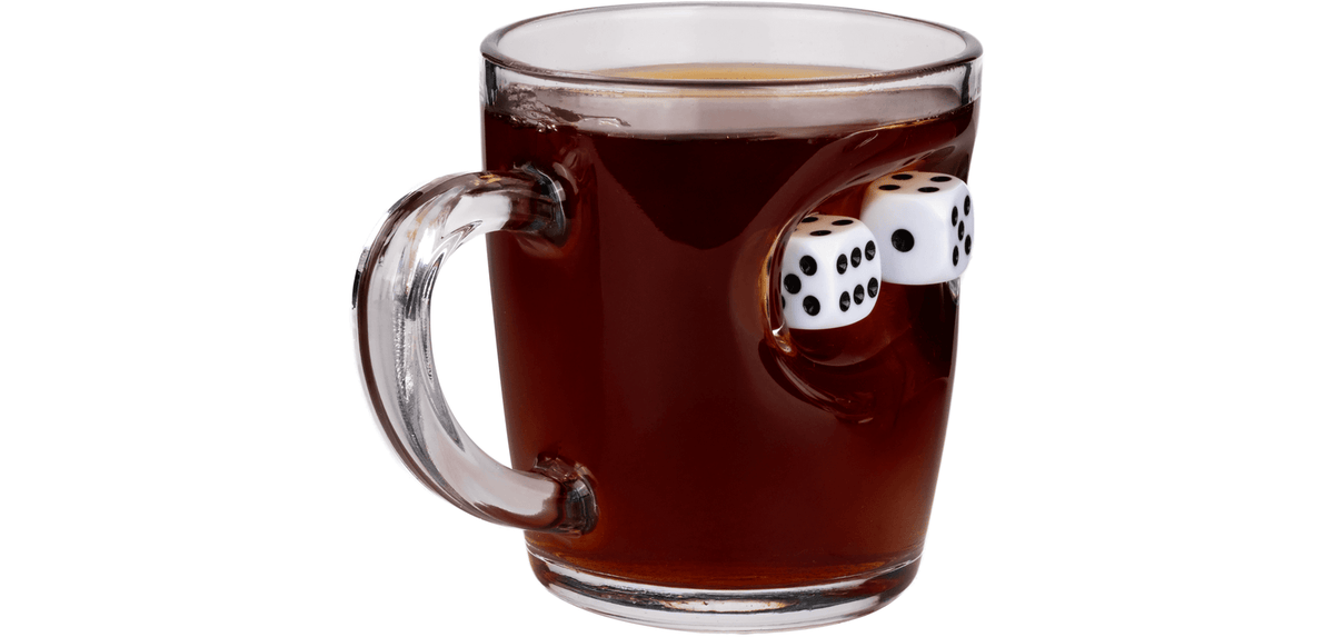 Bellore glass mug with dice set into the glass, filled with tea