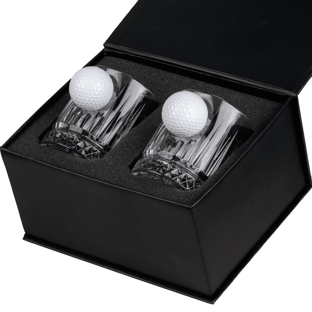 Real Golf Ball Old Fashioned Glass Set 355ml – front view on white background